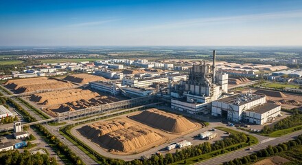 Obraz premium Sprawling industrial complex with towering factory structures and vast outdoor material storage under a clear blue sky.