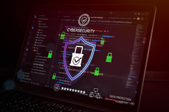 Cybersecurity and data protection concept with digital shield and lock icon over source code on laptop screen, representing secure software development, user authentication, network security systems.