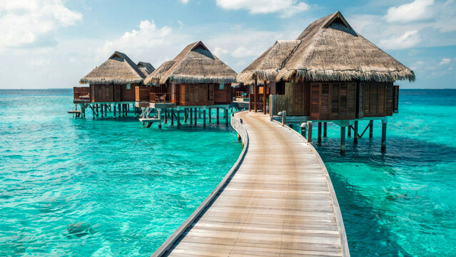 A serene pathway leads to tropical huts over turquoise ocean water on a sunny day with wooden structures and thatched roofs
