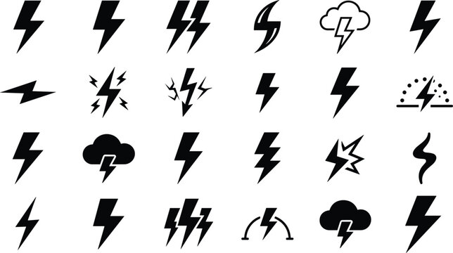 Lightning bolt vector icon set featuring thunderbolt shapes electric energy flashes storm clouds and power strike illustrations
