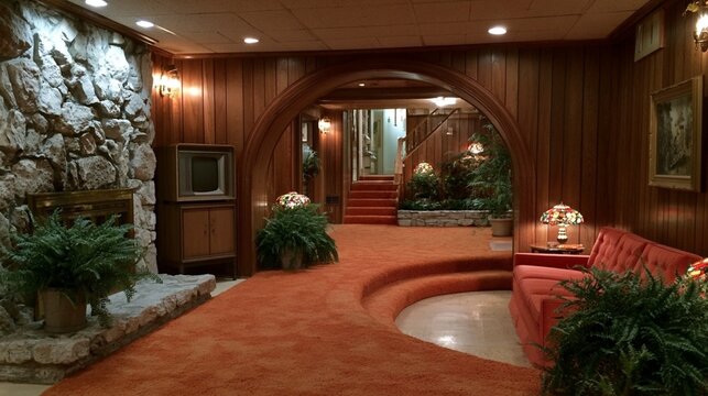 a large windowless finished basement from the 1970s, with wood paneling with a stone fireplace, an old television in a furniture cabinet, two potted ferns, orange-red earth tone carpet, red sofa. 