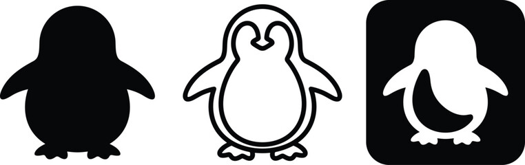 Cute penguin animal icons set with polar bird character silhouettes in black solid outline and square button styles © MSTNAJMA