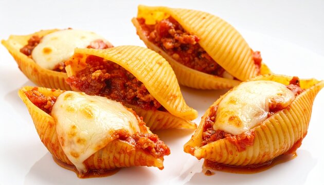 Golden pasta shells filled with savory ground meat, tomato sauce, and melted cheese, arranged on a white plate, symbolizing comfort food, Italian tradition, and the harmony of flavor and texture.