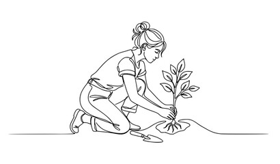 Obraz premium Young woman planting tree one line vector illustration for sustainable gardening and Earth Day awareness