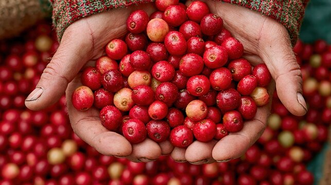 Mains tenant une poign&eacute;e de cerises de caf&eacute; rouges fra&icirc;chement r&eacute;colt&eacute;es