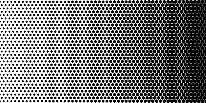 Pattern of white honeycombs with broken lines on a black background. dots hexagon