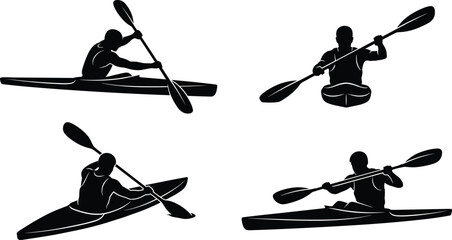 Kayak silhouette vector set with athletes rowing boat and holding paddles isolated on a white background © MdAlom