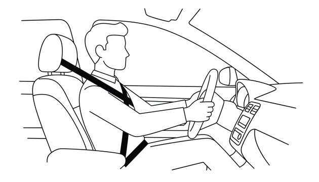 Line art drawing of a responsible male driver wearing a seatbelt while holding the steering wheel inside a car.