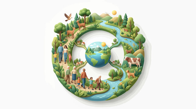 Sustainable circular ecosystem featuring humans animals and nature around planet earth for environmental protection and global harmony