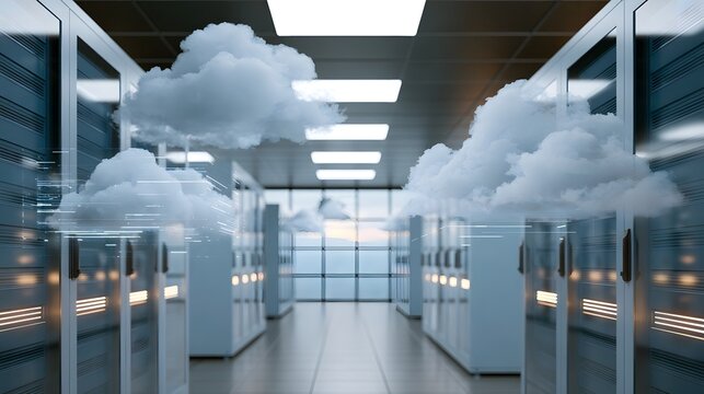 A modern data center hallway lined with server racks featuring floating cloud graphics as visual representations of cloud computing infrastructure