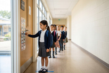 Fototapeta premium Elementary School Children Standing in Hallway Line Following Classroom Routine