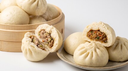 Fototapeta premium A selection of freshly steamed buns with soft white pleated tops, some cut open to reveal fillings of barbecue pork, red bean paste, vegetables, and seasoned minced meat, arranged on a light surface w