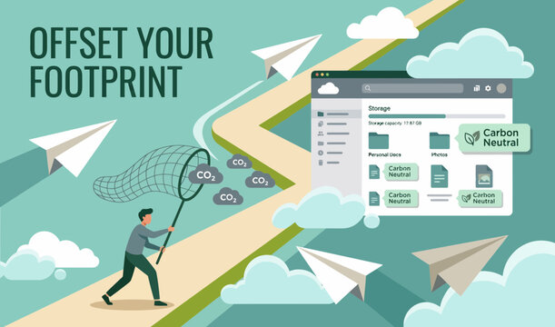 Carbon footprint offset digital interface showing man catching carbon emissions for green sustainability environmental protection