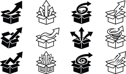 Creative think outside the box icon collection featuring business development arrows rising from open cardboard package symbols © MdAlom