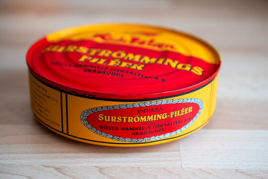 Swedish Surstromming Tin Can Wooden Surface