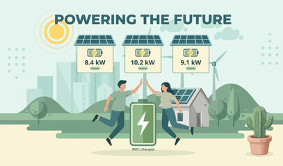 Fototapeta premium Sustainable clean solar energy panels wind turbines powering green eco city with happy people future technology