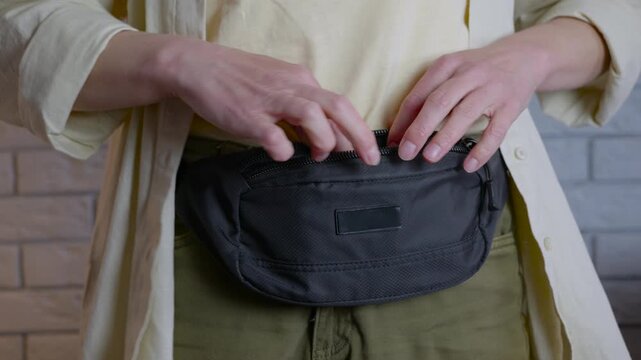 Woman putting cash money into a fanny pack. Close-up view of female hands opening a black belt bag, placing cash money inside, and then securely zipping it closed