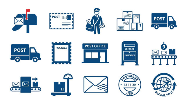 Postal services icons collection featuring mailboxes trucks and sorting facilities