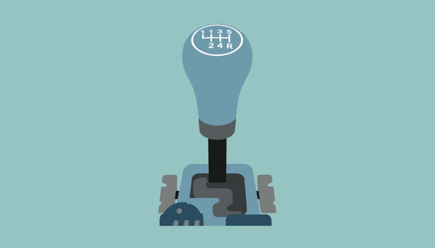 Clean graphic of a car manual gear stick shift knob with shift pattern on top over a blue background.