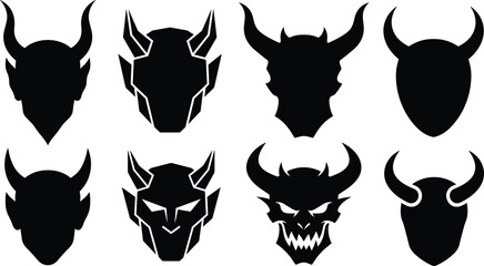 Evil horned demon head mascot icons set featuring spooky devil skull shapes and geometric monster silhouettes for gaming logos © MdAlom