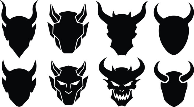 Evil horned demon head mascot icons set featuring spooky devil skull shapes and geometric monster silhouettes for gaming logos