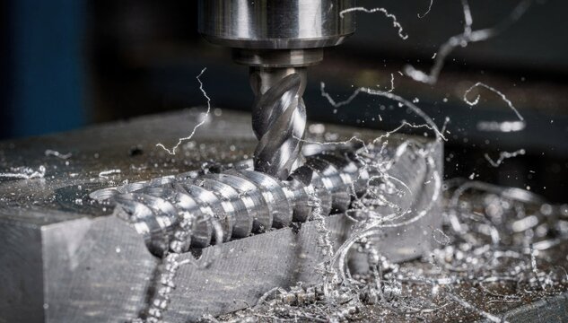 Medium shot of highspeed thread milling cutting precise threads into hardened steel showcasing dynamic tool rotation and fine metal shavings.