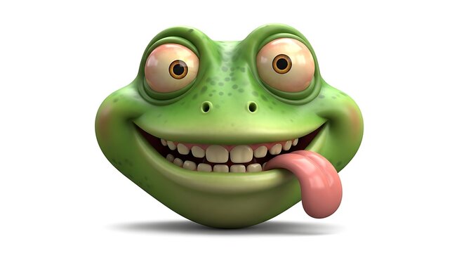 Funny Green Cartoon Frog Face Smiling with Tongue Out on White Background