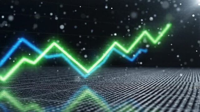 Abstract financial chart with glowing blue and green lines on a dark carbon fiber background with bokeh light particles