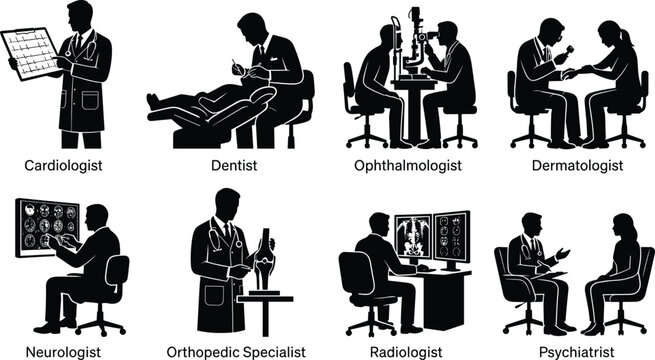 Medical Specialist Silhouettes Depicting Cardiologist Dentist Ophthalmologist and Psychiatrist