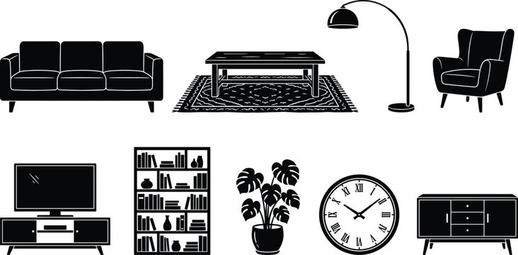 Modern Living Room Furniture Silhouette Set for Interior Design and Home Decor Projects