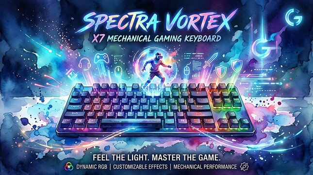 Spectra Vortex X7 Mechanical Gaming Keyboard Illustration with Vibrant RGB Lighting and VR Concept