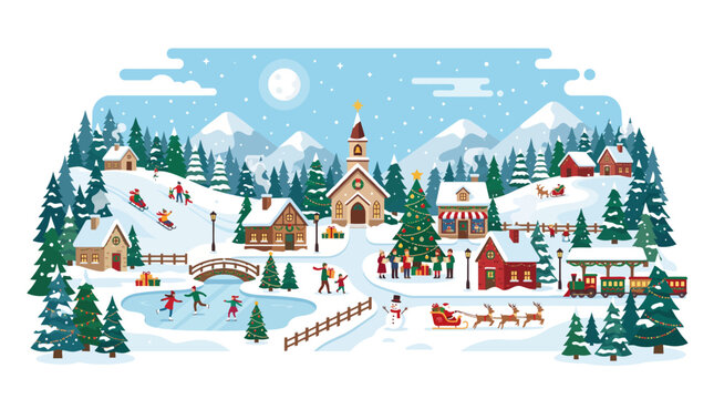 Snowy Christmas village flat illustration featuring ice skating carole