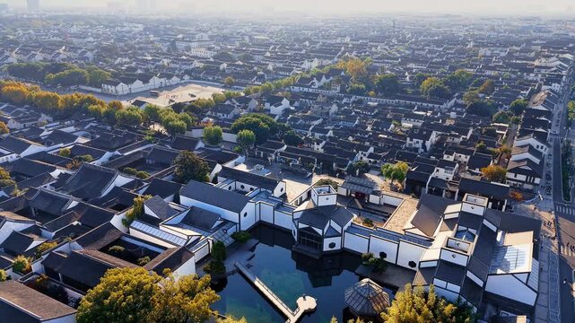 Aerial view of Suzhou Museum and Pingjiang Road old district of Suzhou, Jiangsu Province, China