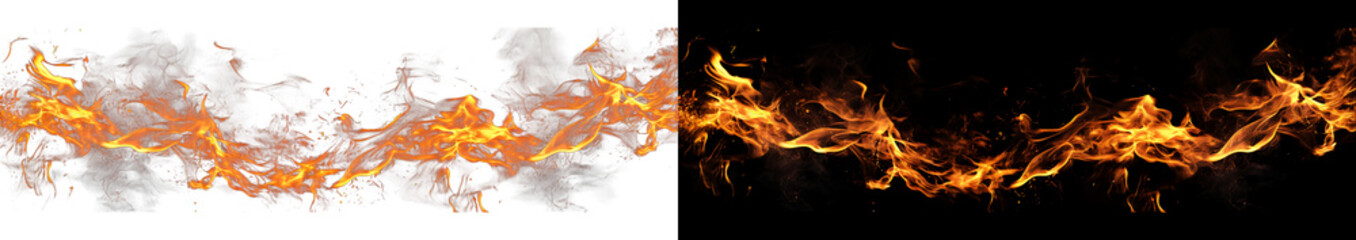 Horizontal orange fire trail banner with realistic burning flame and glowing sparks isolated on black and transparent backdrop. © On time PNG