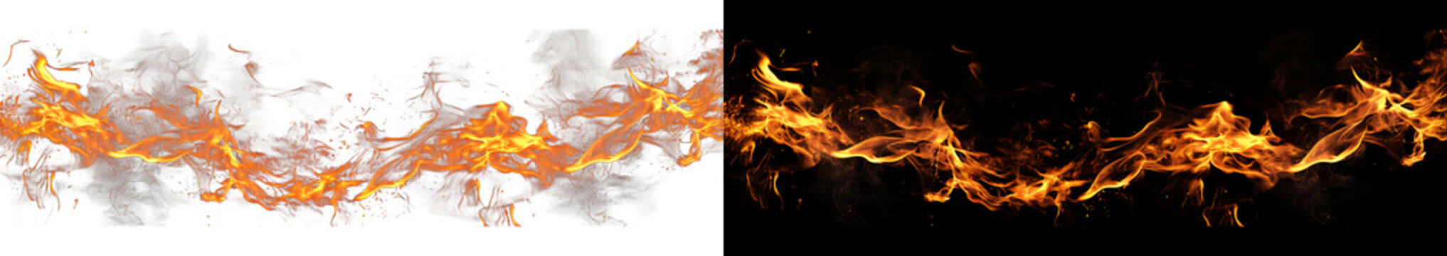 Horizontal orange fire trail banner with realistic burning flame and glowing sparks isolated on black and transparent backdrop.