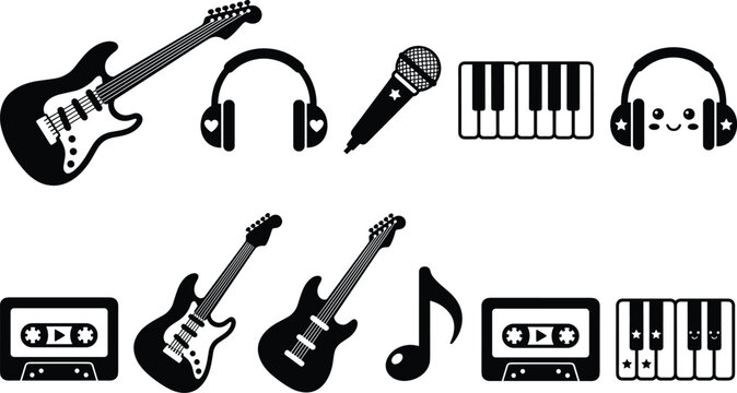 Music icons set featuring instruments, headphones, and audio symbols