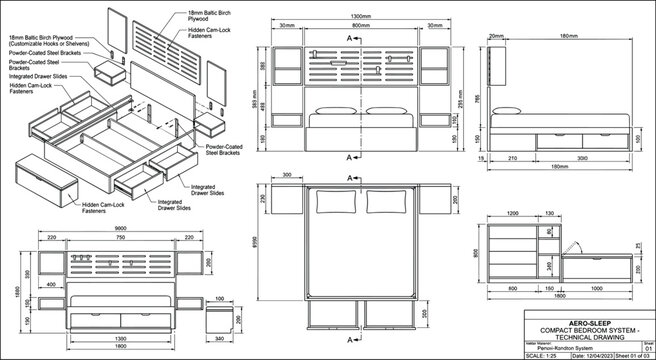 Compact Bedroom Furniture CAD Blueprint with Technical Drawing and Multi View Engineering Layout