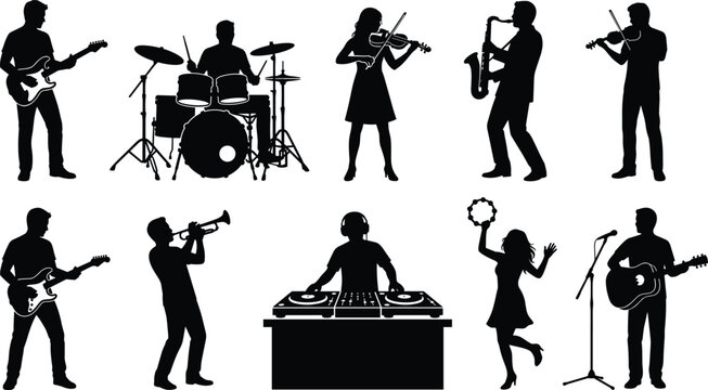 Musician Silhouette Collection Featuring Diverse Instruments and Performance Styles