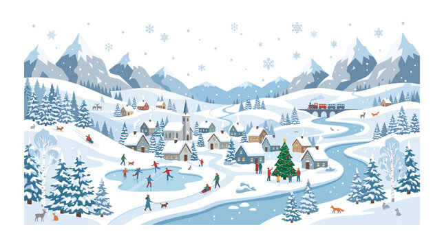 Cozy festive winter mountain village illustration featuring people ice