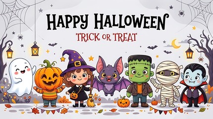 Fototapeta premium Happy Halloween background design. Halloween trick or treat text with scary pumpkin, witch, vampire and skull for horror party decoration