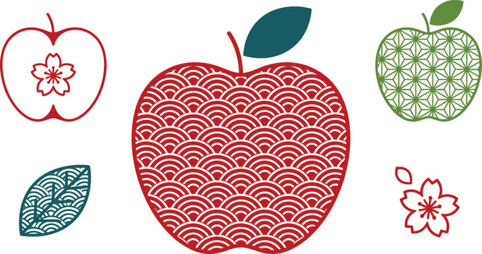 Japanese style apple vector set with traditional patterns seigaiha wave asanoha hemp leaf sakura blossom isolated on white background