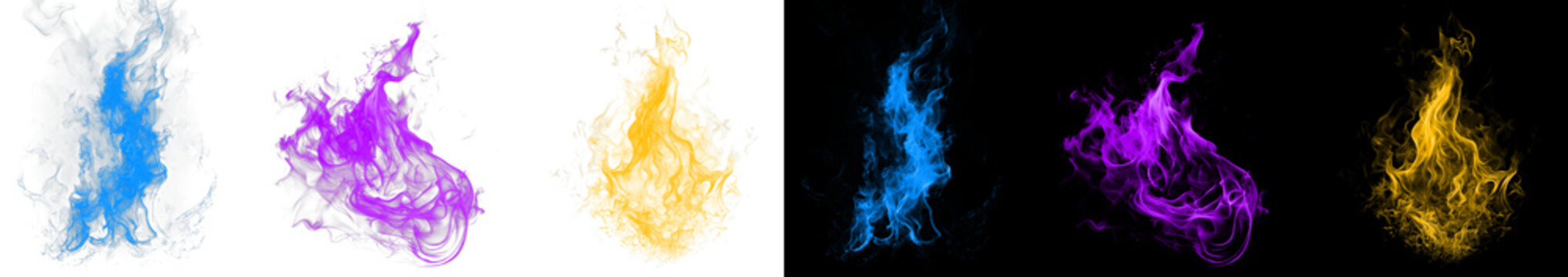 Blue purple and golden yellow fire flames set isolated on transparent and black backgrounds for artistic design and overlays.
