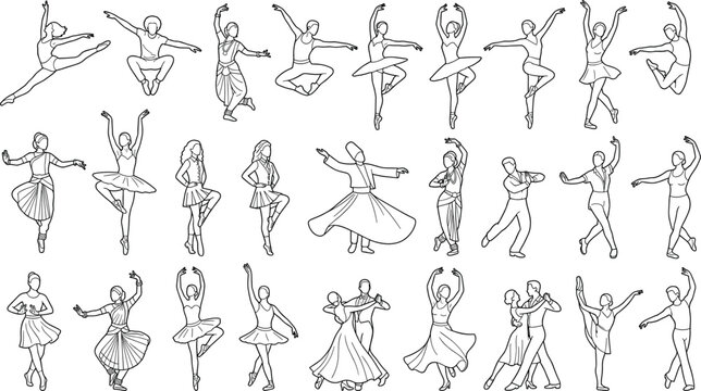 Dance Pose Outline Vector Collection with Ballet Contemporary and Cultural Performance Line Art