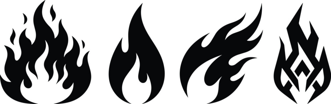 Fire flame silhouette icons set with abstract blazing bonfire campfire sparks and tribal hot tongues for racing logo design