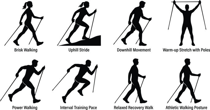 Nordic Walking Silhouettes Showing Brisk Power and Recovery Exercises with Poles