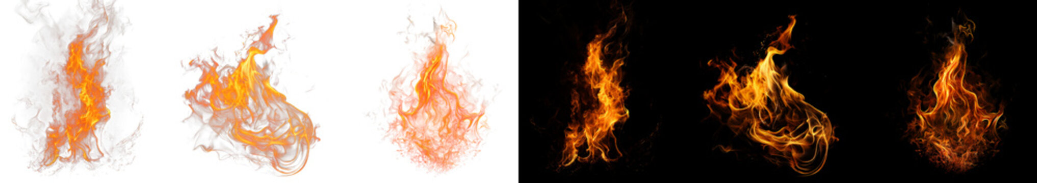 Set of realistic orange fire flames and sparks isolated on transparent and black backgrounds for graphic design composition.