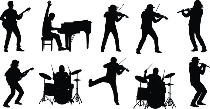 Musician Silhouette Collection Featuring Violin, Piano, Drums, Guitar, and Vocal Performers