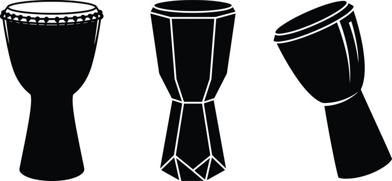 African djembe drum vector icon set black silhouette musical percussion instrument tribal ethnic rhythm beat folk music illustration isolated graphic element