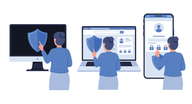 Female user managing digital security settings on multiple devices including desktop computer laptop and smartphone with protective shield and lock icons.