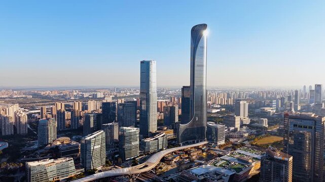 Aerial dawn view of the International Financial Center skyline in Suzhou,Jiangsu Province, China